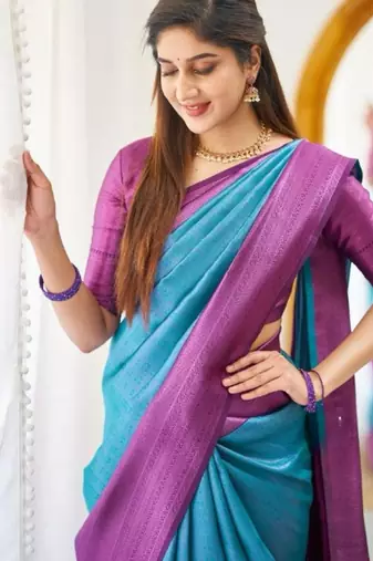 Turquoise wine silk blend jacuard work festival saree with unstitched blouse piece