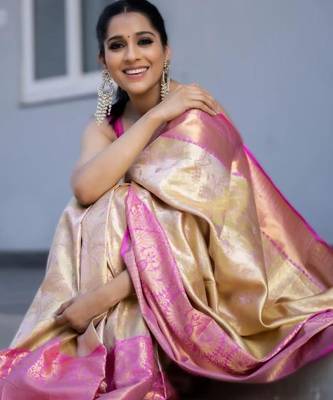 Off white baby pink silk blend jacuard work festival saree with unstitched blouse piece 1