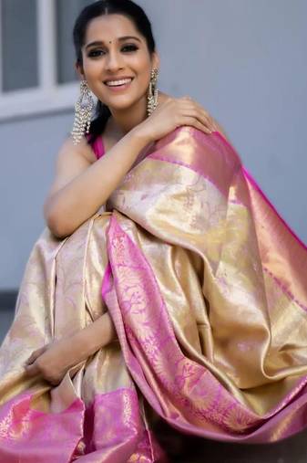 Off white baby pink silk blend jacuard work festival saree with unstitched blouse piece