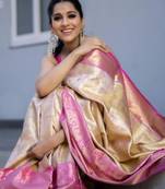 Off white baby pink silk blend jacuard work festival saree with unstitched blouse piece