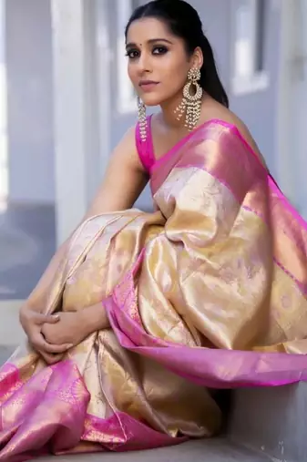Off white baby pink silk blend jacuard work festival saree with unstitched blouse piece