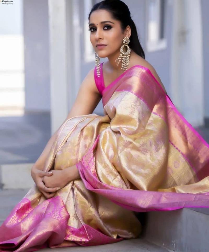 Off white baby pink silk blend jacuard work festival saree with unstitched blouse piece