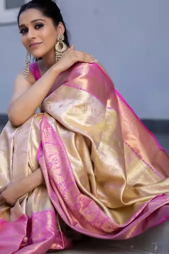 Off white baby pink silk blend jacuard work festival saree with unstitched blouse piece