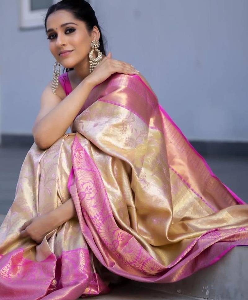 Off white baby pink silk blend jacuard work festival saree with unstitched blouse piece
