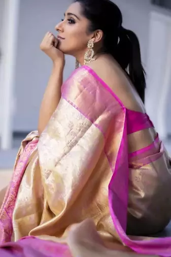 Off white baby pink silk blend jacuard work festival saree with unstitched blouse piece