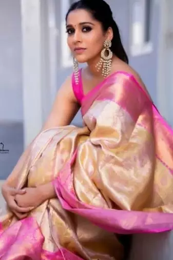 Off white baby pink silk blend jacuard work festival saree with unstitched blouse piece