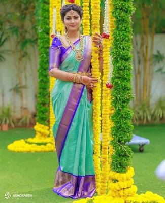 Sea green blue silk blend jacuard work festival saree with unstitched blouse piece 1