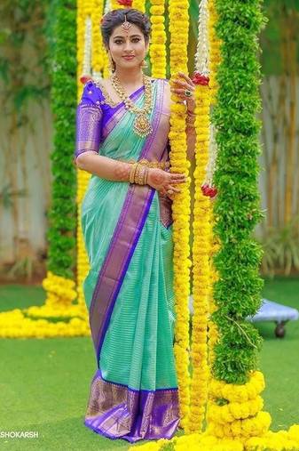 Sea green blue silk blend jacuard work festival saree with unstitched blouse piece