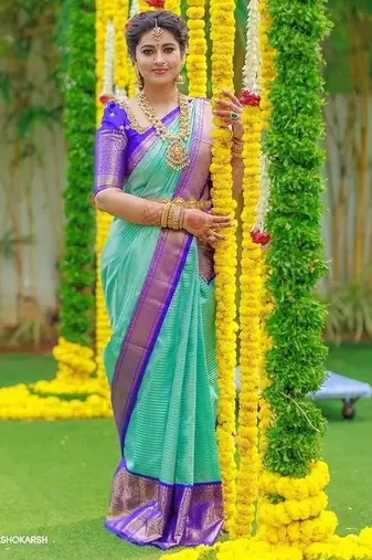 Sea green blue silk blend jacuard work festival saree with unstitched blouse piece