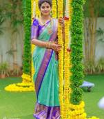 Sea green blue silk blend jacuard work festival saree with unstitched blouse piece