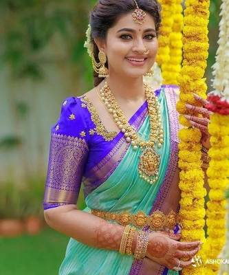 Sea green blue silk blend jacuard work festival saree with unstitched blouse piece 2