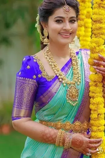 Sea green blue silk blend jacuard work festival saree with unstitched blouse piece