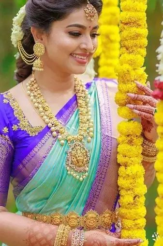 Sea green blue silk blend jacuard work festival saree with unstitched blouse piece