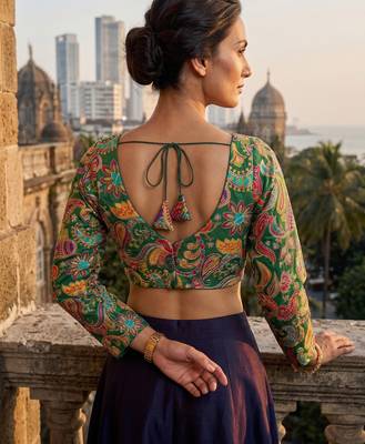 Green full sleeves self embroidered saree blouse 2