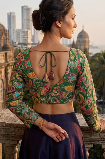 Green full sleeves self embroidered saree blouse