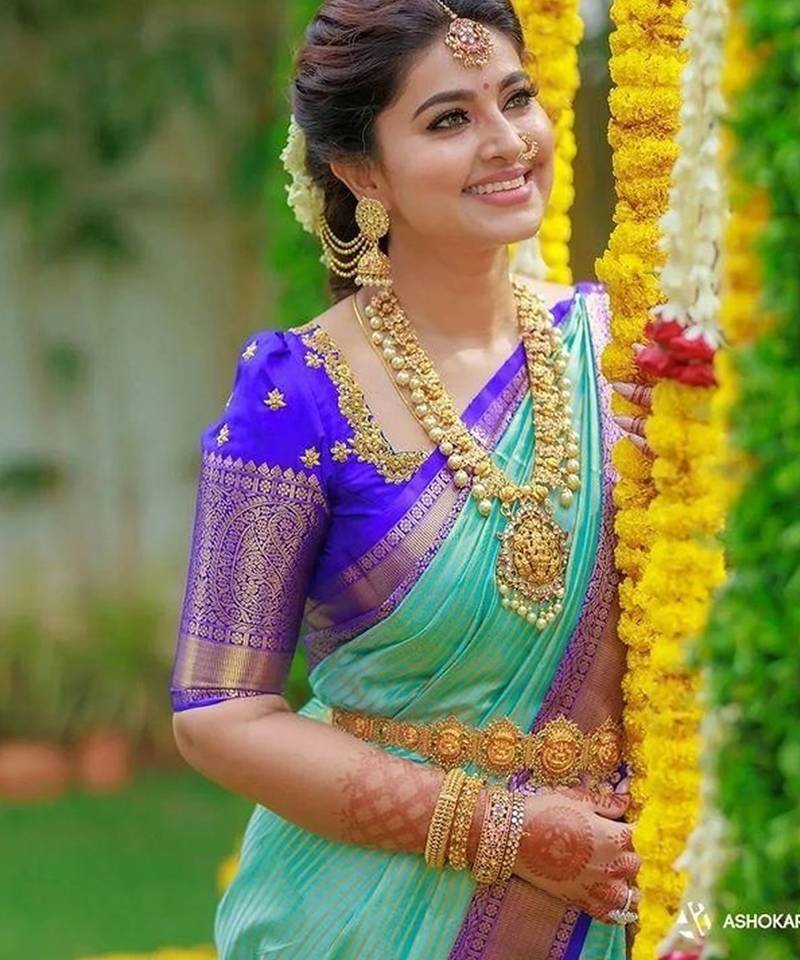 Sea green blue silk blend jacuard work festival saree with unstitched blouse piece