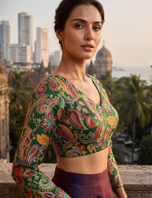 Green full sleeves self embroidered saree blouse 3