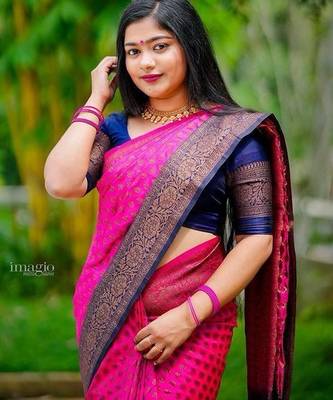 Rani pink blue silk blend jacuard work festival saree with unstitched blouse piece 1