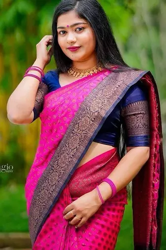Rani pink blue silk blend jacuard work festival saree with unstitched blouse piece