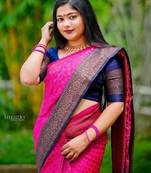 Rani pink blue silk blend jacuard work festival saree with unstitched blouse piece