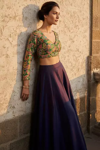 Green full sleeves self embroidered saree blouse