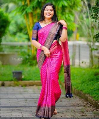 Rani pink blue silk blend jacuard work festival saree with unstitched blouse piece 2