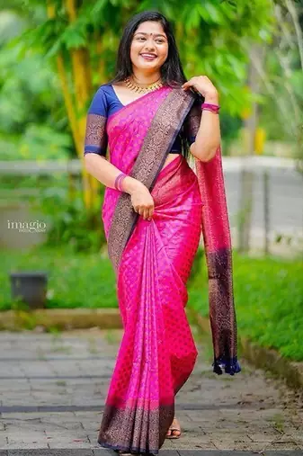Rani pink blue silk blend jacuard work festival saree with unstitched blouse piece