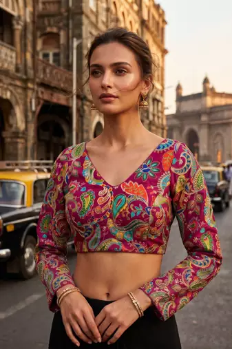 Magenta full sleeves self embroidered saree blouse