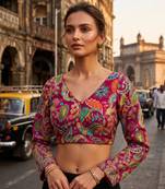 Magenta full sleeves self embroidered saree blouse