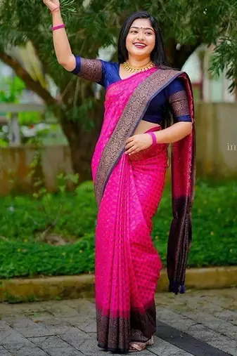 Rani pink blue silk blend jacuard work festival saree with unstitched blouse piece