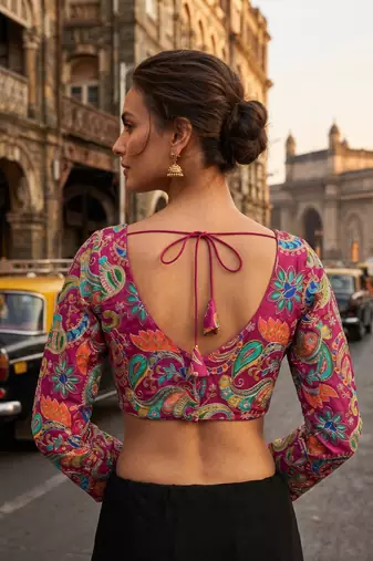 Magenta full sleeves self embroidered saree blouse