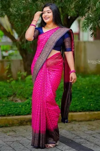 Rani pink blue silk blend jacuard work festival saree with unstitched blouse piece