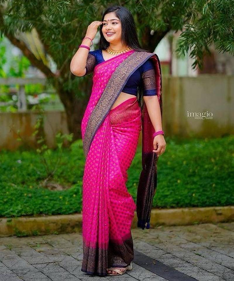Rani pink blue silk blend jacuard work festival saree with unstitched blouse piece
