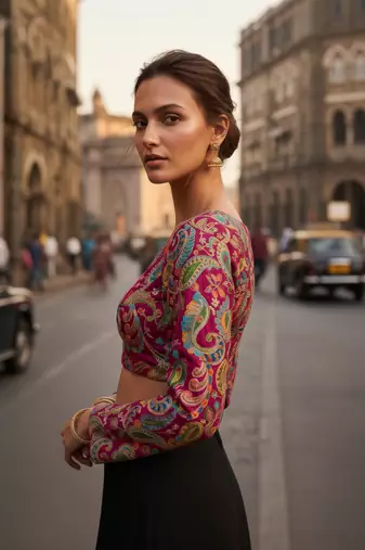 Magenta full sleeves self embroidered saree blouse