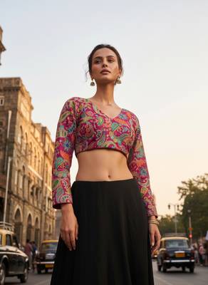 Magenta full sleeves self embroidered saree blouse 4