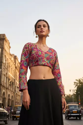 Magenta full sleeves self embroidered saree blouse