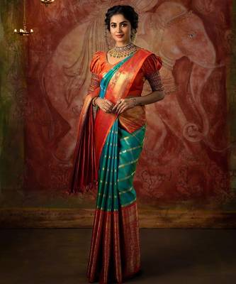 Turuoise red silk blend jacuard work festival saree with unstitched blouse piece 1