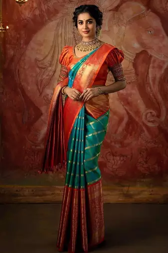 Turuoise red silk blend jacuard work festival saree with unstitched blouse piece