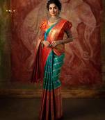 Turuoise red silk blend jacuard work festival saree with unstitched blouse piece