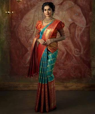 Turuoise red silk blend jacuard work festival saree with unstitched blouse piece 4