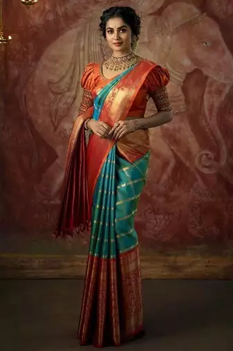 Turuoise red silk blend jacuard work festival saree with unstitched blouse piece