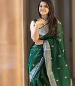 Green silk blend jacuard work festival saree with unstitched blouse piece