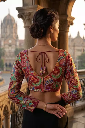 Maroon full sleeves self embroidered saree blouse