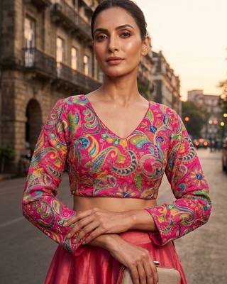 Pink full sleeves self embroidered saree blouse 1
