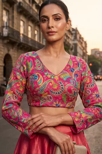 Pink full sleeves self embroidered saree blouse