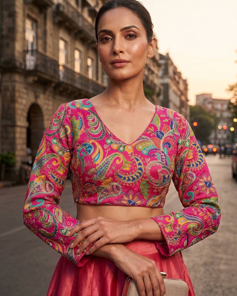 Pink full sleeves self embroidered saree blouse