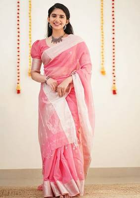 Pink silk blend jacuard work festival saree with unstitched blouse piece 1