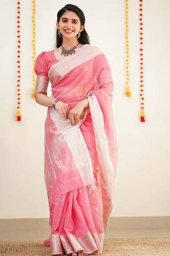 Pink silk blend jacuard work festival saree with unstitched blouse piece