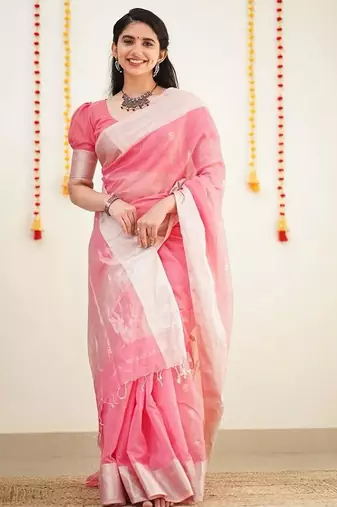 Pink silk blend jacuard work festival saree with unstitched blouse piece