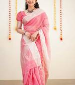 Pink silk blend jacuard work festival saree with unstitched blouse piece